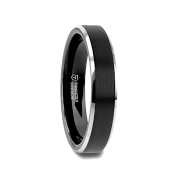 ASTON Black Brushed Center Tungsten Ring with Polished Beveled Edges 4mm