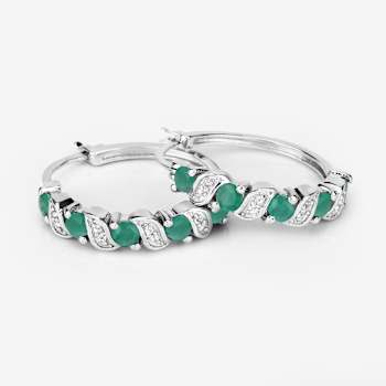 Green Emerald and White Topaz Sterling Silver Hoop Earrings