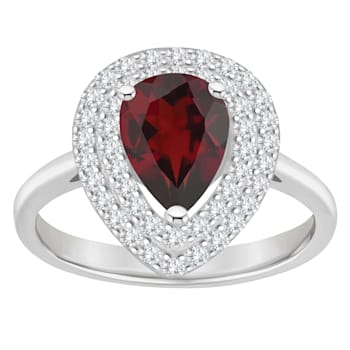 8x5mm Pear Shape Garnet And White Topaz Accents Rhodium Over Sterling
Silver Double Halo Ring