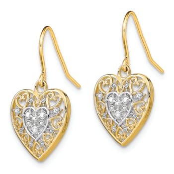 14K Two-tone Gold Polished Filigree Hearts Dangle Earrings