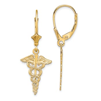14K Yellow Gold Textured Caduceus Dangle Earrings