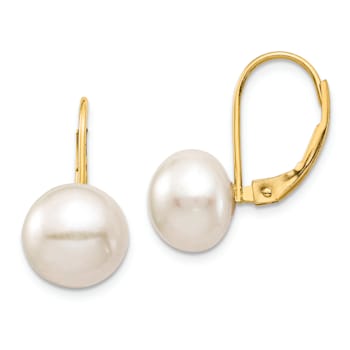 14K Yellow Gold 9-10mm White Button Freshwater Cultured Pearl Leverback Earrings