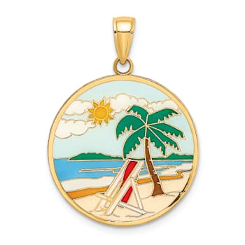 14k Yellow Gold Enamel Beach Scene on Round Disc Charm
