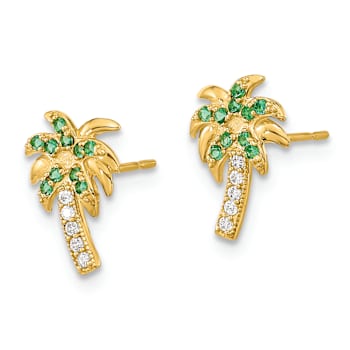14k Yellow Gold Textured Green and Clear Cubic Zirconia Palm Tree Stud Earrings