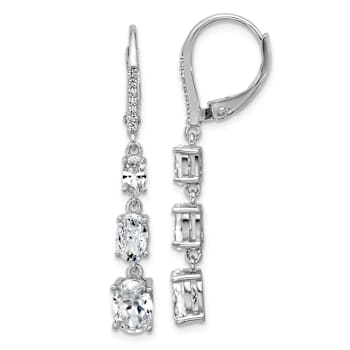 Rhodium Over Sterling Silver Oval Cubic Zirconia Leverback Dangle Earrings