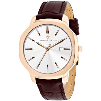 Christian Van Sant Men's Octavius Slim White Dial, Rose Bezel, Brown
Leather Strap Watch
