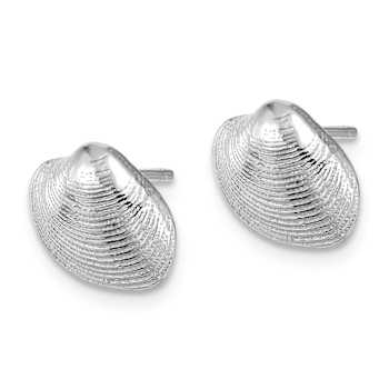 Rhodium Over 14K White Gold Textured Clam Shell Stud Earrings