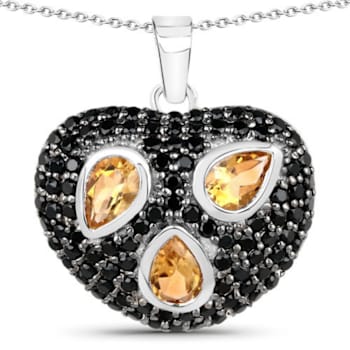 Yellow Citrine Black Spinel Rhodium Over Sterling Silver Cluster Heart
Necklace 3.19ctw