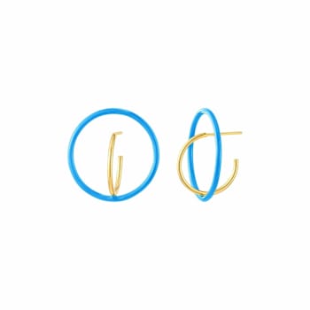 14K Yellow Gold Over Sterling Silver Floating Enamel Hoop Earrings in Teal