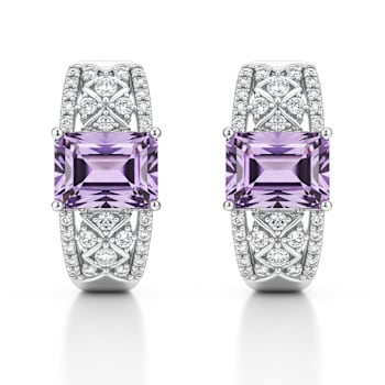 Purple Rhodium Over Sterling Silver Amethyst Octagon Hoop Earrings