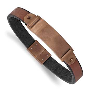 Stainless Steel Brushed Brown Ion Plated Brown Leather 8.5-inch ID Bracelet