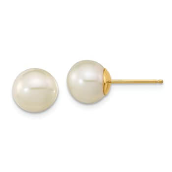 14K Yellow Gold 7-8mm White Round Freshwater Cultured Pearl Stud Post Earrings