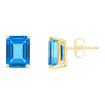 8x6mm Emerald Cut Blue Topaz 14k Yellow Gold Stud Earrings