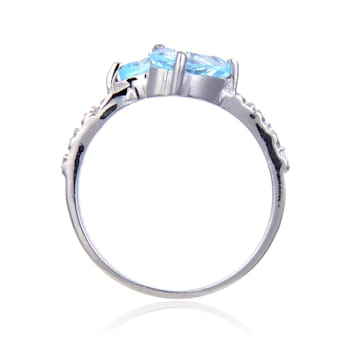 Pear Shape Blue Topaz with White Topaz Accents Sterling Silver Bypass
Ring, 1.19ctw