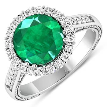 Round Green Emerald and Diamond 14K White Gold Halo Ring 3.29 ctw
