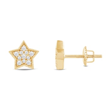 White Cubic Zirconia 14k Yellow Gold Star Earrings With Velvet Gift Box 0.30ctw
