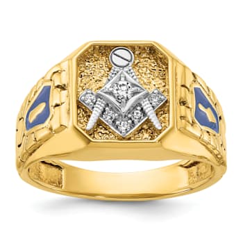 10K Two-tone Yellow and White Gold Textured and Enamel Diamond Blue
Lodge Masonic Ring 0.1ctw