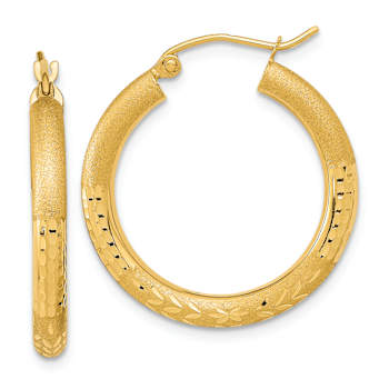 14k Yellow Gold Polished Satin and Diamond-cut 1 1/16" Hoop Earrings