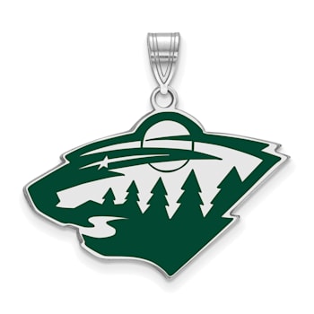 Rhodium Over Sterling Silver NHL LogoArt Minnesota Wild Large Enamel Pendant