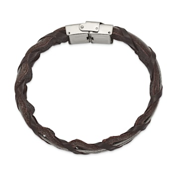 Brown Leather and Stainless Steel Polished Cable 8.5-inch Bracelet
