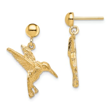 14k Yellow Gold Textured Hummingbird Dangle Earrings