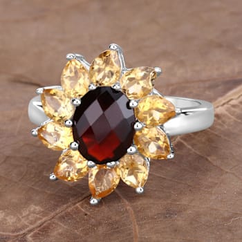 Red Garnet and Yellow Citrine Rhodium Over Sterling Silver Oval Floral
Cocktail Ring 5.5ctw