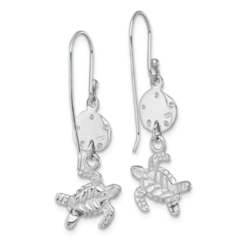 Rhodium Over Sterling Silver Sand Dollar And Turtle Dangle Earrings