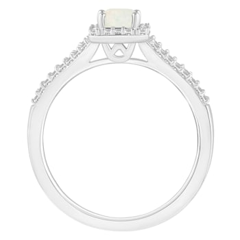 6x4mm Emerald Cut Opal 1/4 ctw Diamond Rhodium Over Sterling Silver Halo Ring