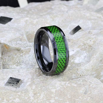 MATLAL Beveled Black Ceramic Ring with Emerald Green Carbon Fiber Inlay 8mm