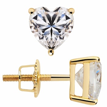White Cubic Zirconia 14k Yellow Gold Heart Studs With Velvet Gift Box 1.50ctw