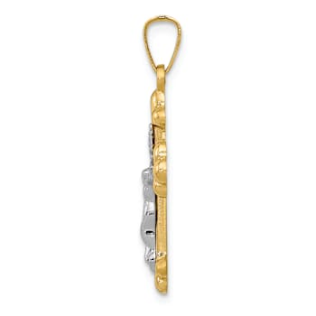 14K Two-tone Gold Polished Brushed Budded INRI Crucifix Pendant