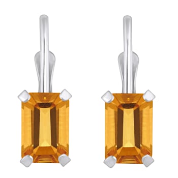 6x4mm Emerald Cut Citrine Rhodium Over 10k White Gold Drop Earrings