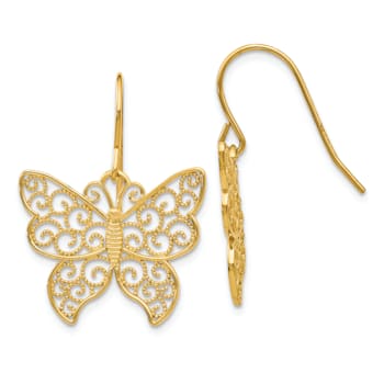 14K Yellow Gold Textured Butterfly Dangle Earrings
