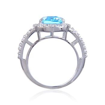 Blue and White Topaz Sterling Silver Halo with Split Shank Cocktail
Ring, 9.33ctw