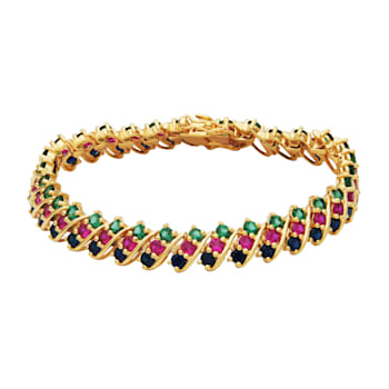 Green Lab Quartz, Blue Lab Sapphire & Lab Ruby 18k Yellow Gold Over
Silver Bracelet 11.38ctw