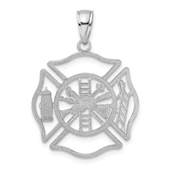 Rhodium Over 14k White Gold Fireman Shield Pendant