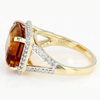 Citrine Rectangular Octagonal And White Diamond Halo Ring In Solid 14K
Yellow Gold 4.55ctw
