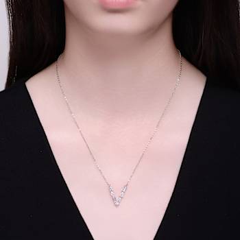 Initial V Mixed Cut CZ Pendant Necklace In Sterling Silver 18 Inch