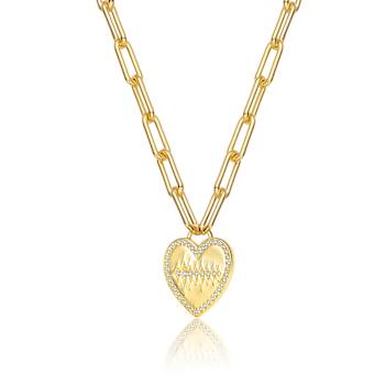 Pave CZ Heart Pendant Necklace In 14K Gold Over Brass