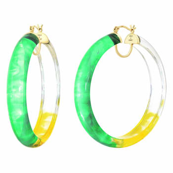14K Yellow Gold Over Sterling Silver Green and Yellow Tie Dye Acrylic Hoops