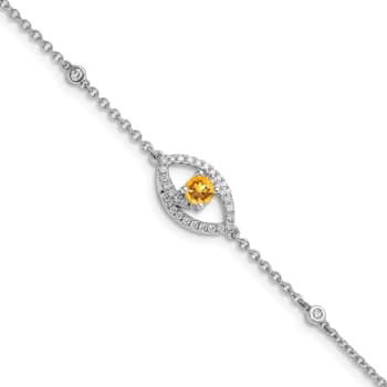 Rhodium Over 14k White Gold Polished Diamond and Citrine Bracelet