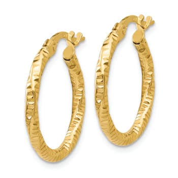 14k Yellow Gold Polished and Textured 3/4" Hoop Earrings