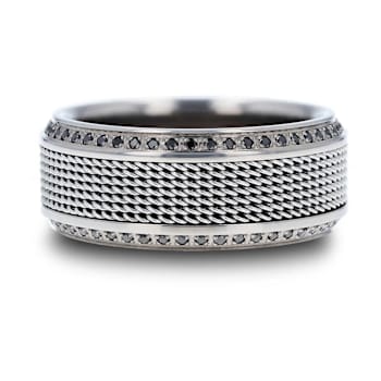 GAUNTLET Steel Chain Titanium Wedding Ring Polished Beveled Edges Set
with Round Black Diamonds 10mm