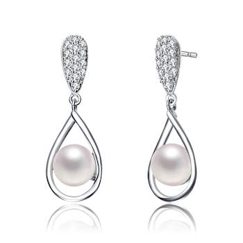 Pearl And CZ Drop Earrings In Sterling Silver