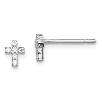 Rhodium Over Sterling Silver Cubic Zirconia Children's Cross Post Earrings
