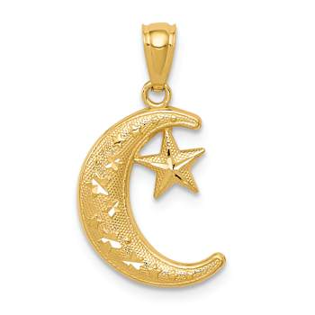 14k Yellow Gold Polished, Diamond-Cut and Textured Moon and Stars Pendant