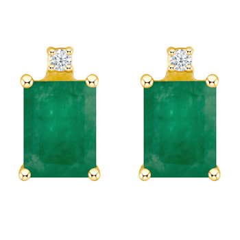 6x4mm Emerald Cut Emerald with Diamond Accents 14k Yellow Gold Stud Earrings