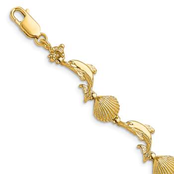 14k Yellow Gold Textured Dolphin and Shell Link Bracelet