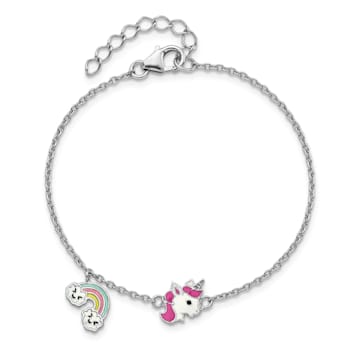 Rhodium Over Sterling Silver Enamel Unicorn and Rainbow with 1-inch
Extension Children's Bracelet