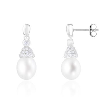 7.5-8mm White Cultured Freshwater Pearl Rhodium Over Sterling Silver Earrings